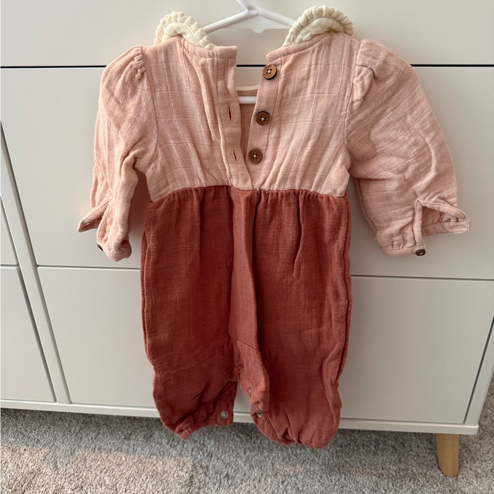 Charming Pink and Rust Baby Romper with Ruffle Collar - Picture 2 of 2